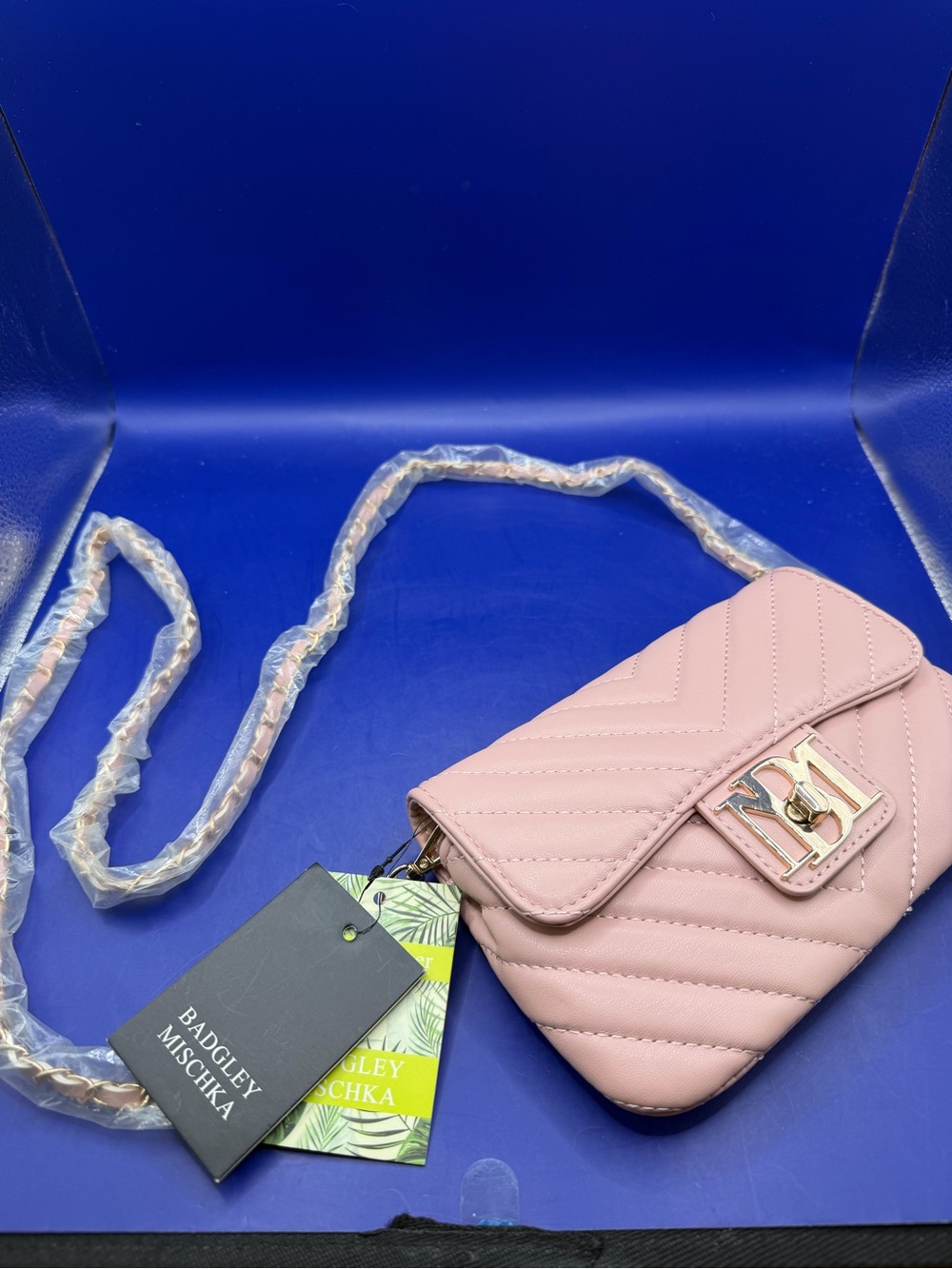 Badgley Mischka Blush Quilted Chevron Crossbody with Gold Logo